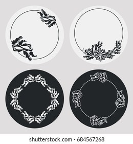 Set of silhouette round frames with floral elements. Design element for logo, banners, labels, prints, posters, web, presentation, invitations, weddings, greeting cards, albums. Vector clip art.