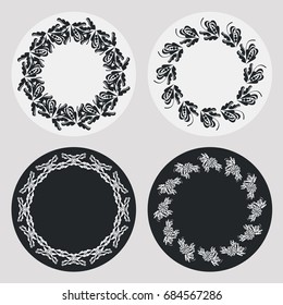 Set of silhouette round frames with floral elements. Design element for logo, banners, labels, prints, posters, web, presentation, invitations, weddings, greeting cards, albums. Vector clip art.