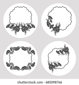 Set of silhouette round frames with floral elements. Design element for logo, banners, labels, prints, posters, web, presentation, invitations, weddings, greeting cards, albums. Vector clip art.