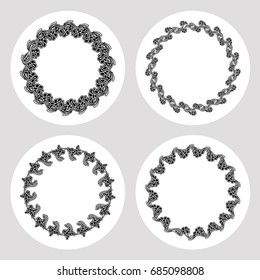 Set of silhouette round frames with floral elements. Design element for logo, banners, labels, prints, posters, web, presentation, invitations, weddings, greeting cards, albums. Vector clip art.