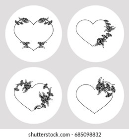 Set of silhouette round frames with floral elements. Design element for logo, banners, labels, prints, posters, web, presentation, invitations, weddings, greeting cards, albums. Vector clip art.
