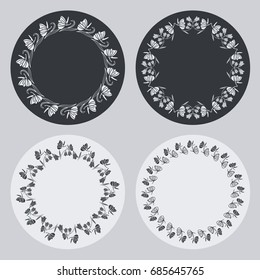 Set of silhouette round frames with floral elements. Design element for logo, banners, labels, prints, posters, web, presentation, invitations, weddings, greeting cards, albums. Vector clip art.