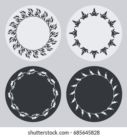 Set of silhouette round frames with floral elements. Design element for logo, banners, labels, prints, posters, web, presentation, invitations, weddings, greeting cards, albums. Vector clip art.