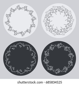 Set of silhouette round frames with floral elements. Design element for logo, banners, labels, prints, posters, web, presentation, invitations, weddings, greeting cards, albums. Vector clip art.