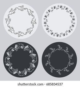 Set of silhouette round frames with floral elements. Design element for logo, banners, labels, prints, posters, web, presentation, invitations, weddings, greeting cards, albums. Vector clip art.