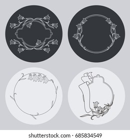 Set of silhouette round frames with floral elements. Design element for logo, banners, labels, prints, posters, web, presentation, invitations, weddings, greeting cards, albums. Vector clip art.