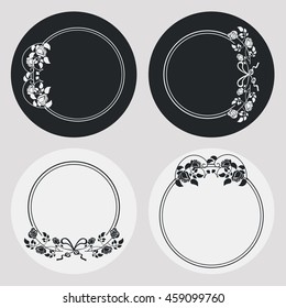 Set of silhouette round frames with roses. Design elements for graphic backgrounds. Vector clip art.