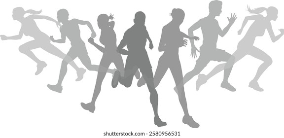 A set of silhouette runners running or jogging. Active sports people healthy players fitness silhouettes concept.