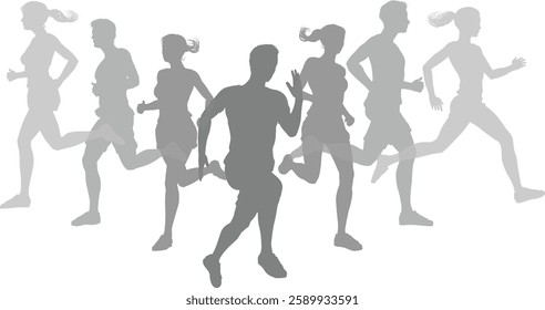 A set of silhouette runners running or jogging. Active sports people healthy players fitness silhouettes concept.