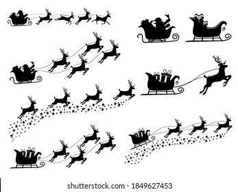 set of Silhouette Santa Claus on a reindeer sleigh. isolate on white background