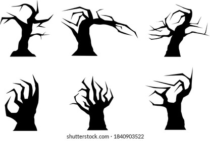 set of silhouette scary tree, dried branches shape vector, dead tree in black color 