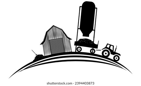 Set of silhouette scenes from farm life with fields, barns and machinery on rounded land isolated on white background. Vector rural clipart.