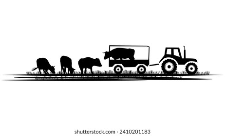 Set of silhouette scenes from farm life with tractor and cows isolated on white background. Vector rural clipart.