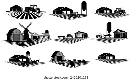 Set of silhouette scenes from farm life with fields, barns and machinery isolated on white background. Vector rural clipart.