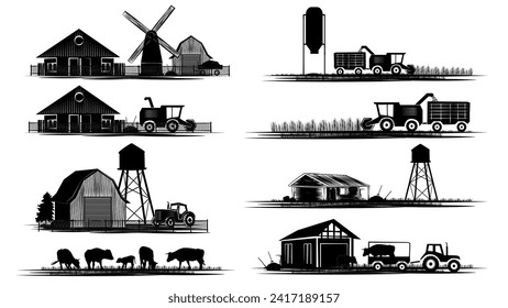 Set of silhouette scenes from farm life with fields, barns and machinery isolated on white background. Vector rural clipart.