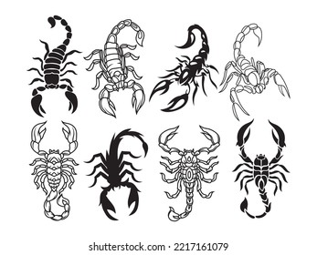 Juego de escorpión de silueta. Colección de insectos arácnidos silvestres. Tatuaje también. Escarabajo depredador. Ilustración vectorial sobre fondo blanco. 