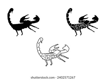 Juego de escorpión de silueta. Colección de insectos arácnidos silvestres. Ilustración vectorial sobre fondo blanco.