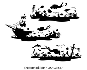 Set of silhouette of scuba diver underwater. Collection of cave with corals and fishes. Water sport. Vector illustration of marine wildlife on white background. 