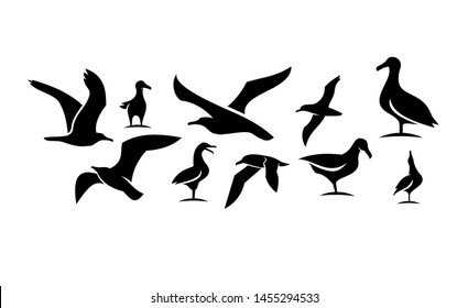 set of silhouette seagull bird ocean 