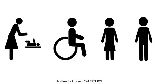 Set with silhouette signs people. Disabled person. Changing table sign. Vector icon. Stock image. EPS 10.