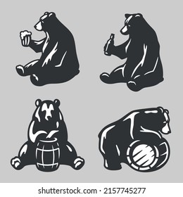 Set silhouette of sitting bear with wood barrel of beer or honey in paw for emblem and poster