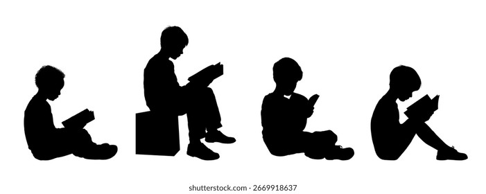 Definir silhueta de menino sentado lendo um livro, vista lateral - ilustração vetorial