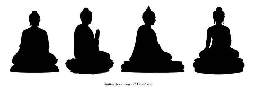 Set of silhouette of a sitting buddha statue - vector illustration