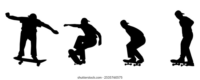 Set of silhouette skateboarders, Isolated white background. Vector illustration.