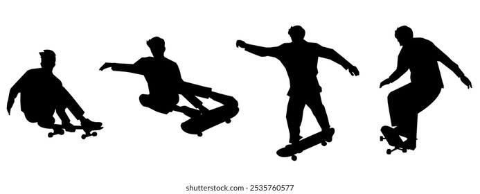 Set of silhouette skateboarders, Isolated white background. Vector illustration.