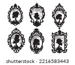 Set of silhouette skeletons vintage frame. Collection of a portrait of a human dead man with elegant hat, lady in dreess etc. Happy Halloween. Creepy head. Vector illustration for home decoration.