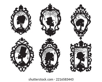 Set of silhouette skeletons vintage frame. Collection of a portrait of a human dead man with elegant hat, lady in dreess etc. Happy Halloween. Creepy head. Vector illustration for home decoration.