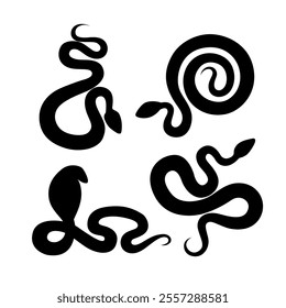 Set of silhouette of snakes. Isolated black flat cartoon silhouette of cobra and viper on white background.