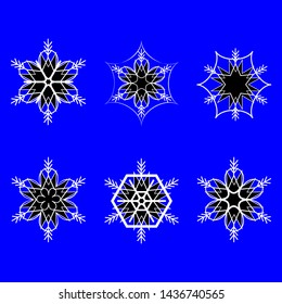 Set silhouette snowflake on blue background. Symbol of Christmas holiday season. Monochrome template for prints, card, etc. Isolated graphic element. Flat vector illustration