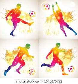 set silhouette soccer football player, goalkeeper and ball. soccer fans on grunge background. modern bright vibrant color. vector illustration