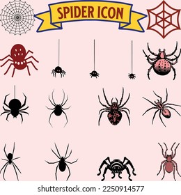Set of silhouette spider icon isolated on white background. Top,side and front view