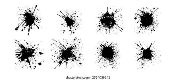 Set of silhouette splatter paint grunge drops. Blotter spots, splashes liquid ink paint element, drip design blob spray drop vector illustration