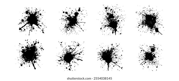 Set of silhouette splatter paint grunge drops. Blotter spots, splashes liquid ink paint element, drip design blob spray drop vector illustration