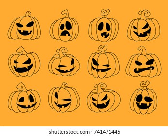 Set of silhouette spooky horror images of pumpkins. Scary Jack-o-lantern facial expressions Illustration.