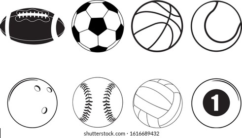 Set of silhouette  sport balls icon collection on white background 