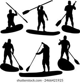 Set silhouette of the Sport sup boat and oars. on a white background.