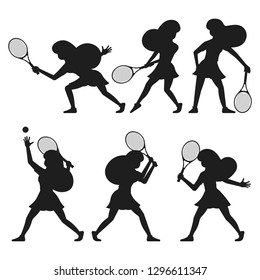 Set silhouette sporty girl with tennis racket and ball 