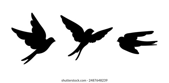 Set of silhouette of springtime birdie swallow. Spring bird illustration isolated on a white background.