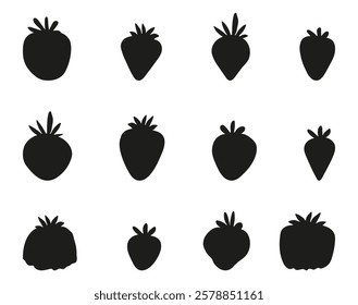 Set silhouette strawberry icons. Black white berries symbols. Hand drawn wild strawberry, garden strawberry. Different varieties. Vector isolated food clipart. Topics: garden, farm, summer, vegetarian