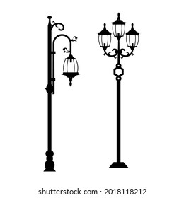  Set of silhouette style street lights. Garden lamps and classic garden street lamps. modern architecture