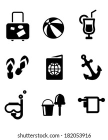 Set of silhouette summer vacation and travel icons depicting luggage,beach ball, cocktail drink, thongs, ticket, passport, anchor, snorkeling, bucket and spade