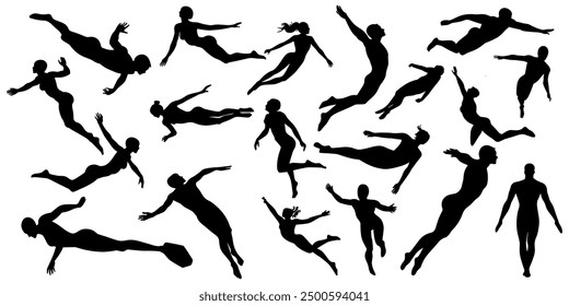 set of silhouette of swimming athlete. diving snorkling icon set. isolated on white background.