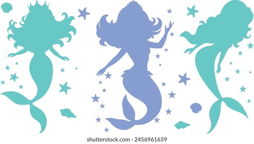 Set of silhouette of swimming mermaids, shells and starfish vector illustration.