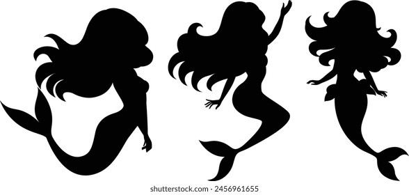 Set of silhouette of swimming mermaids vector illustration.
