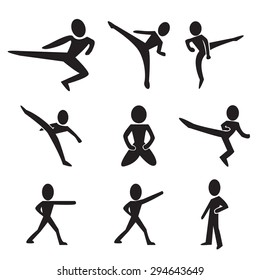 Set of silhouette taekwondo martial art in basic technique include standing, kicking, flying kick, side kick, and punch. isolated on white background