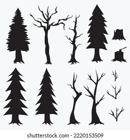 set silhouette of tall tree on autumn and winter season vector EPS10